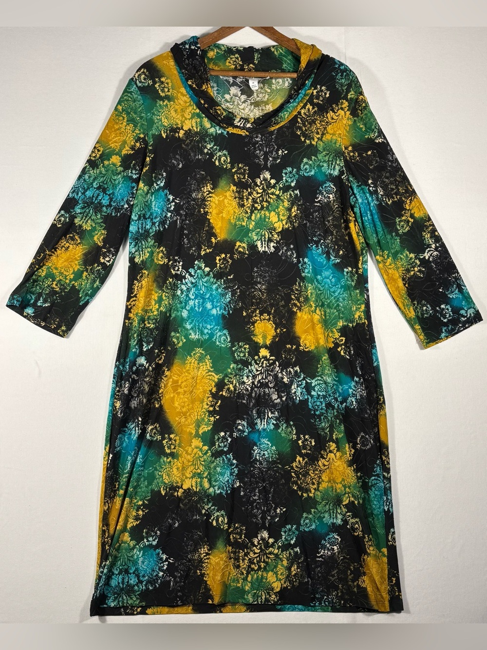 Nine West Women’s 14 Casual Floral Cowl Neck Dress in Black, Teal & Yellow